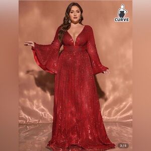 Red Long Sleeve V-Neck Sequin Floor-Length Plus Size Evening Gown